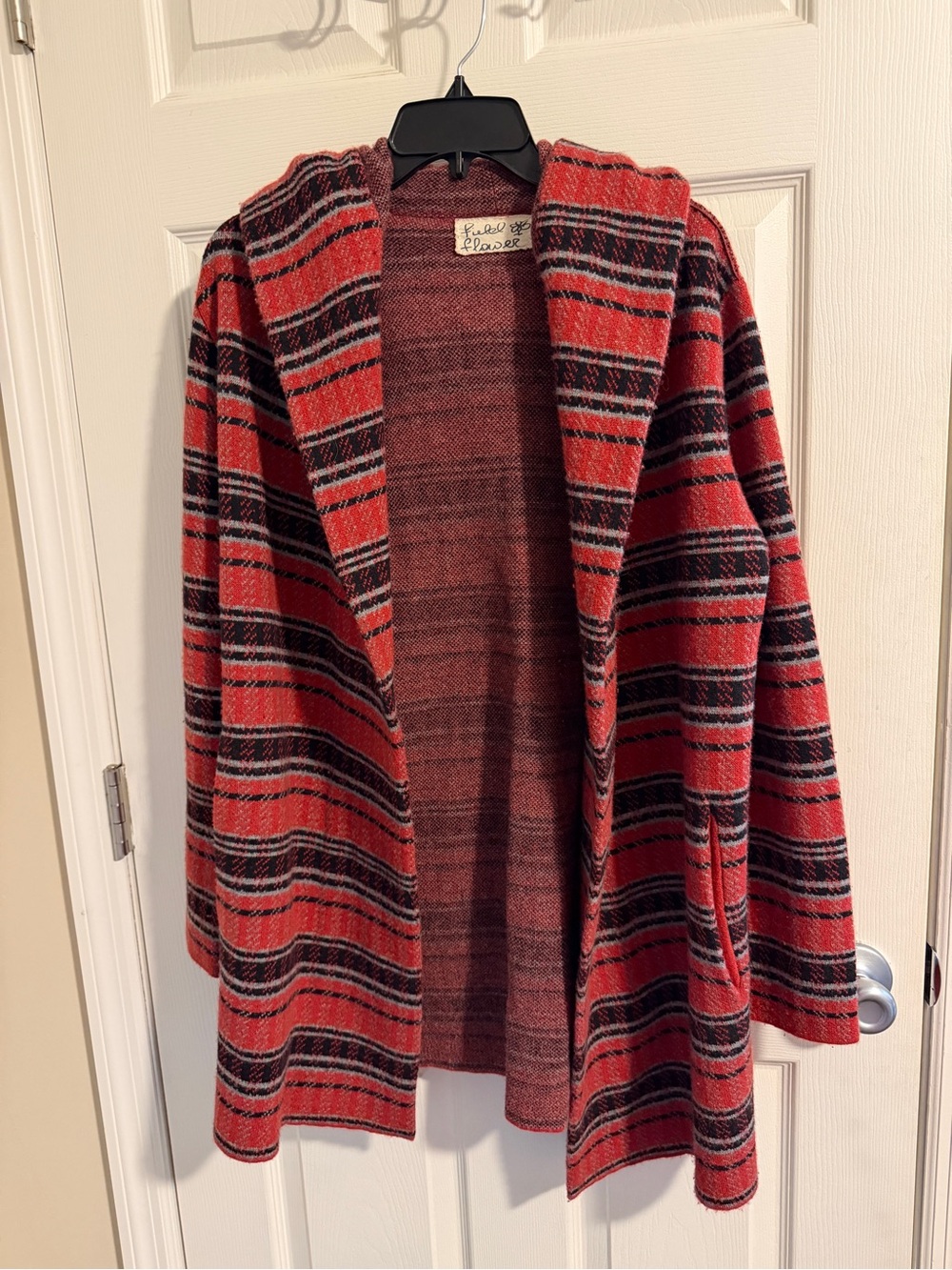 Field Flower Wool Red Striped Hooded Open-Front Coatigan